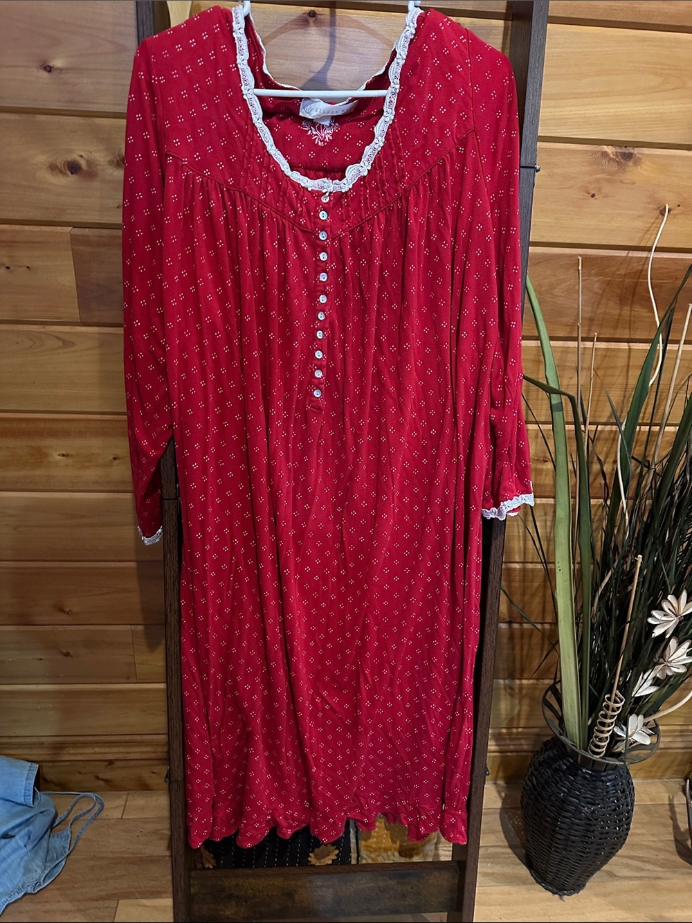 Eileen West Red Nightgown with White Lace Trim